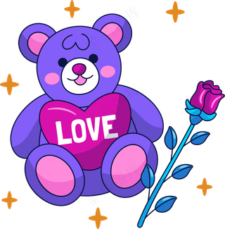 可爱小熊和玫瑰 美式多巴胺色彩插画 免抠透明底