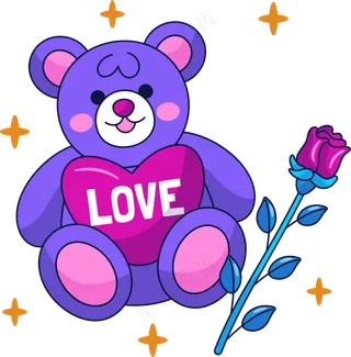 可爱小熊和玫瑰 美式多巴胺色彩插画 免抠透明底