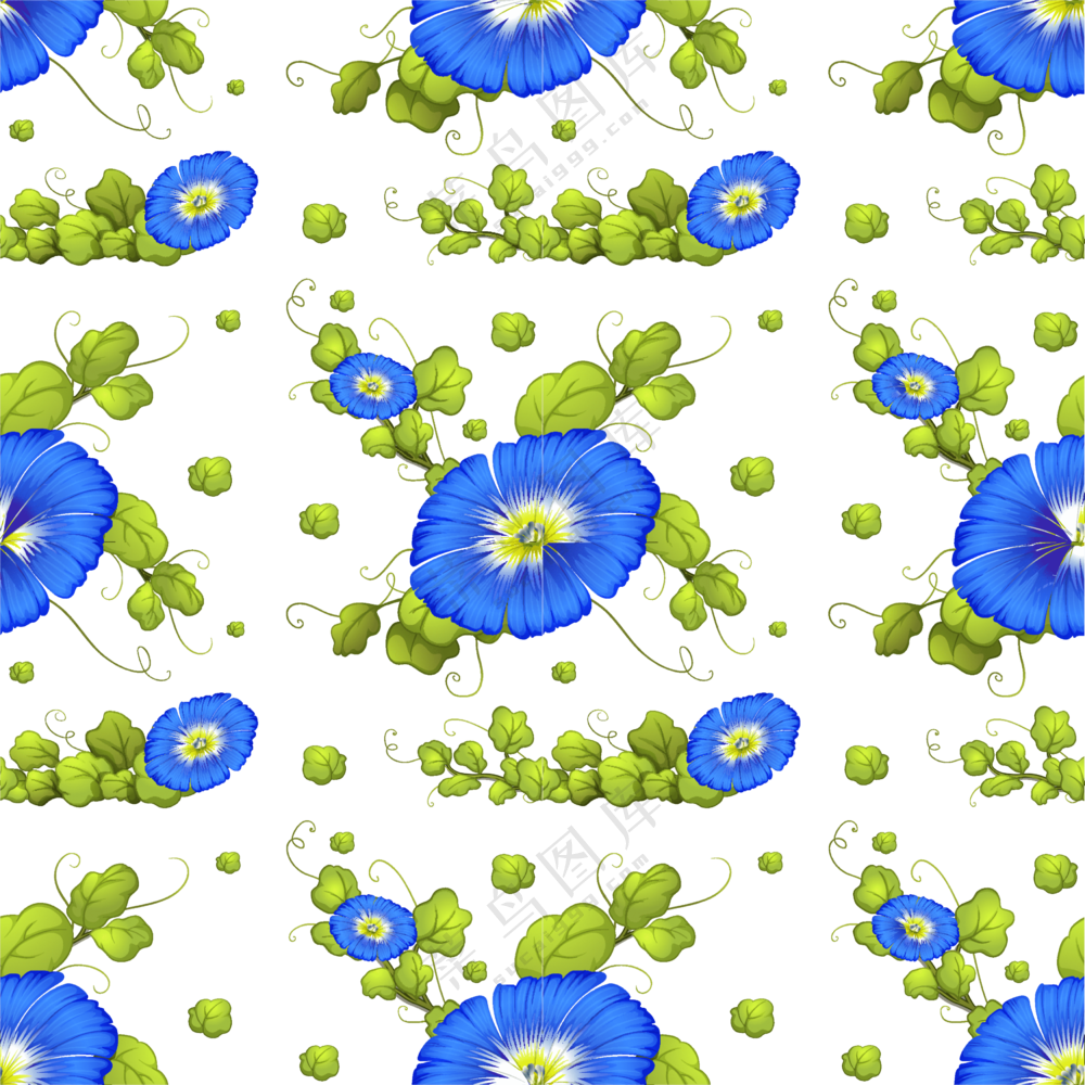 蓝色花朵藤蔓四方连续图案免抠素材