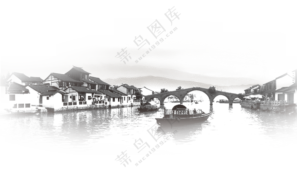 房屋与连接两岸的拱桥PNG图片素材