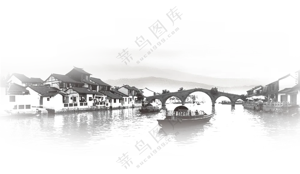 房屋与连接两岸的拱桥PNG图片素材