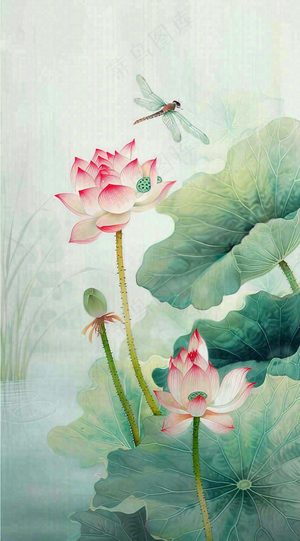 夏天荷花荷叶清凉小清新淡雅小暑大暑处暑插画背景