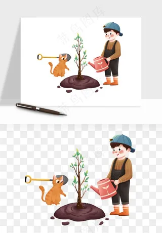 手绘植树节挖土人物png免抠