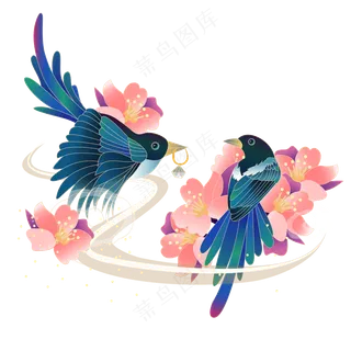 卡通漫画喜鹊比翼鸟