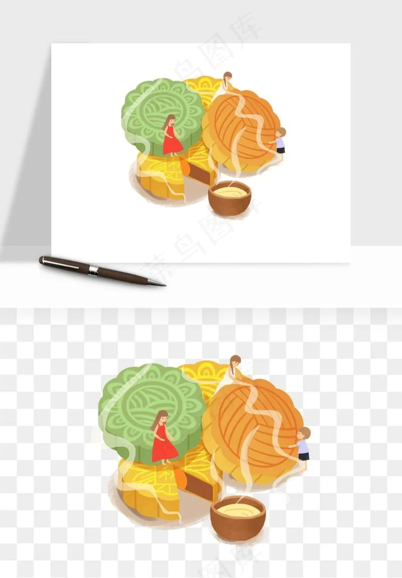 中秋月饼玉兔国潮插画png免抠
