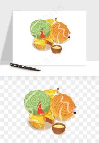 中秋月饼玉兔国潮插画png免抠