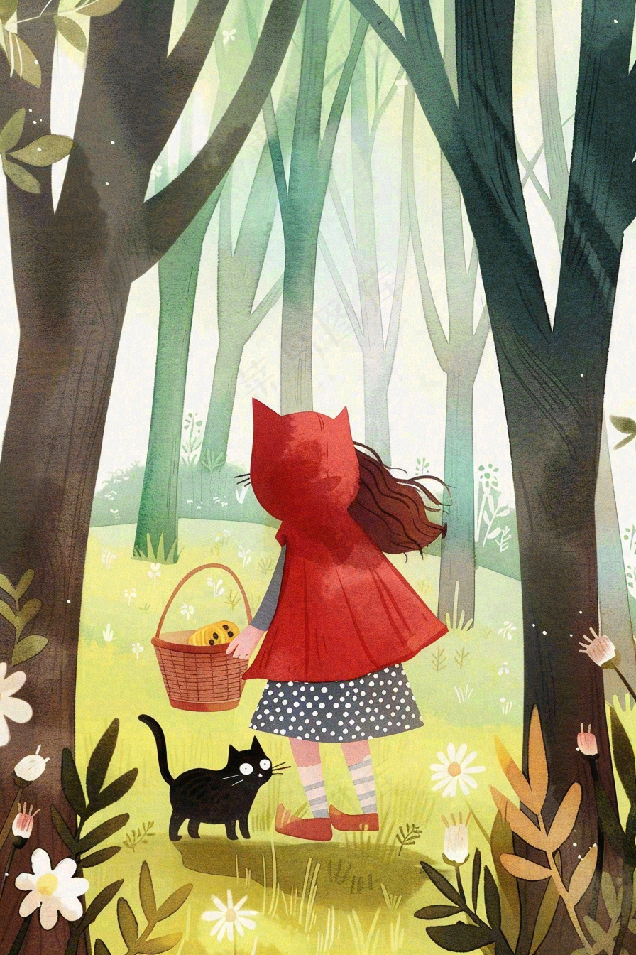 小红帽森林采蘑菇猫咪可爱童话儿童节卡通插画背景