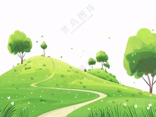 草原青草树木卡通插画免抠
