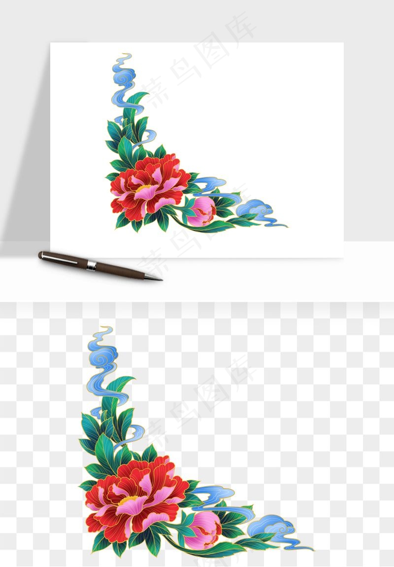 手绘国潮牡丹花花卉图案png免抠