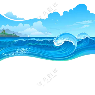 蓝天高山大海波浪风光插画免抠图片