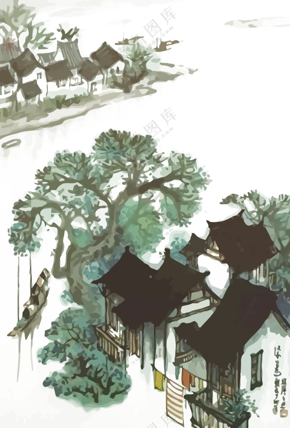 江南水乡古镇水墨创意绘画免抠图片