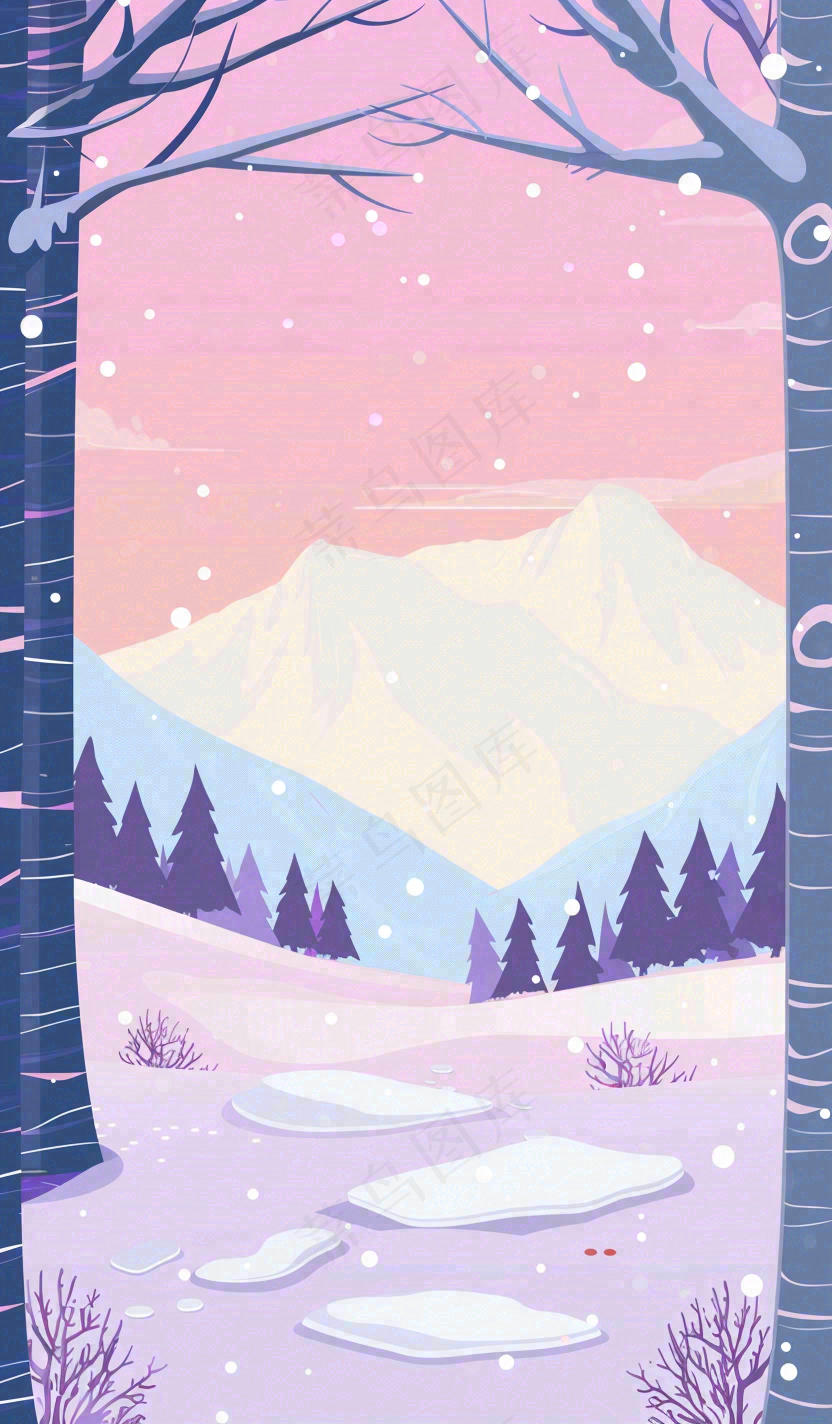 冬季白雪里森林的晚霞夕阳卡通插画小寒大寒立冬背景