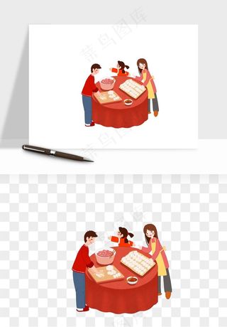 手绘一家人家庭拜年png免抠