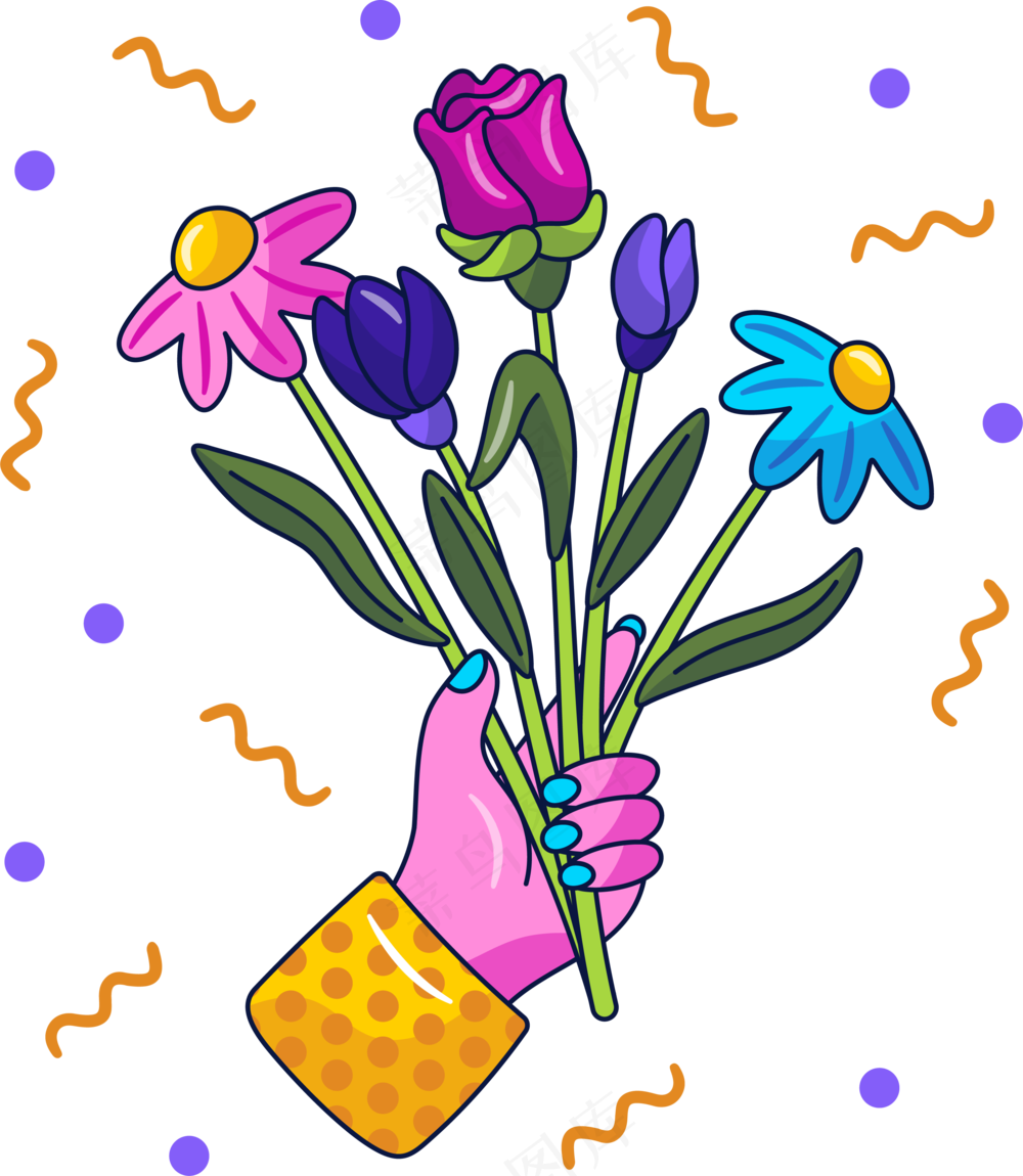 手拿一束鲜花 美式多巴胺插画 免抠透明底