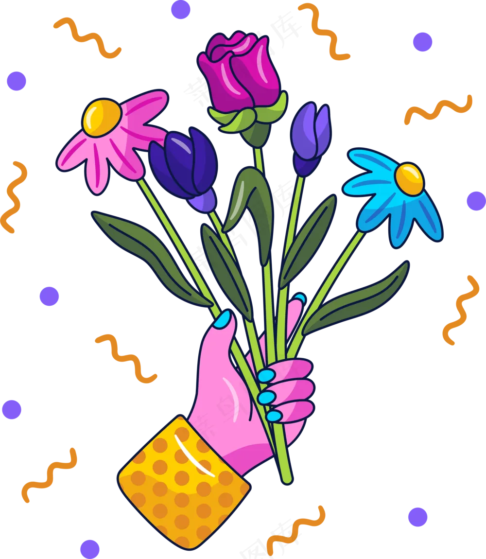 手拿一束鲜花 美式多巴胺插画 免抠透明底