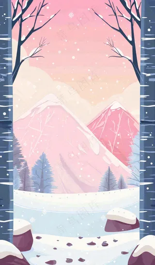 冬季白雪里森林的晚霞夕阳卡通插画小寒大寒立冬背景