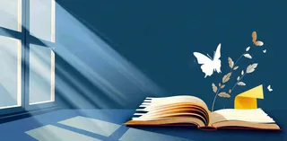 阅读书本翻开蝴蝶纷飞阳光透过窗户知识遨游世界读书日创意卡通插画背景