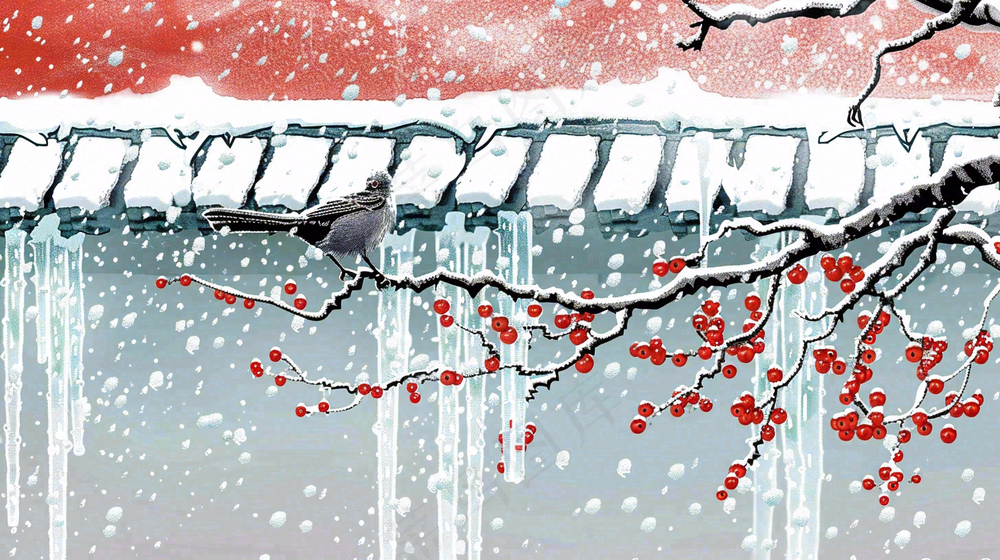 冬季大雪纷飞红色宫墙梅花枝条的小鸟国风插画立冬冬至大雪背景 