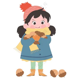 卡通风秋天带着帽子抱着坚果可爱女孩儿童教育插画