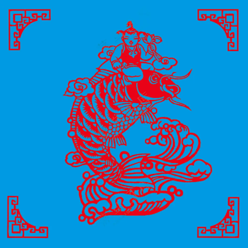 红色卡通鱼跃剪纸