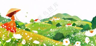 田园山川村庄绿色卡通插画免抠