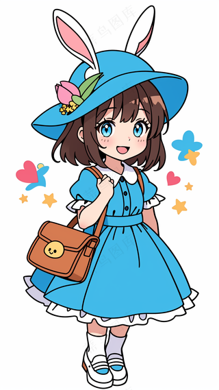 蓝色裙子可爱小女孩 儿童简笔画