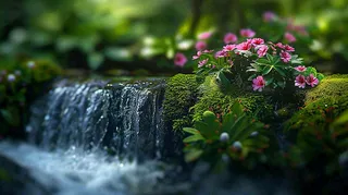 山涧溪流夏日清凉解暑苔藓植物小花立夏夏至摄影图