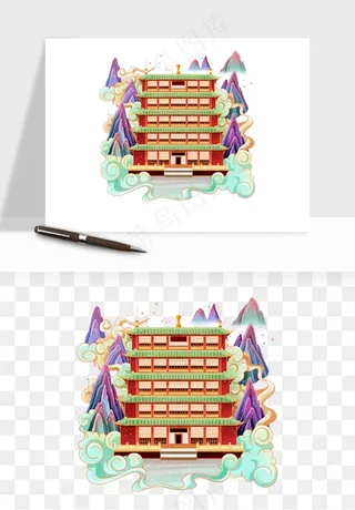 国潮城市地标山水建筑png免抠