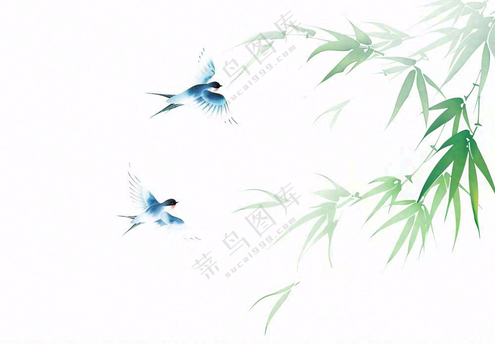 春天绿竹随风青鸟水墨画插画免抠