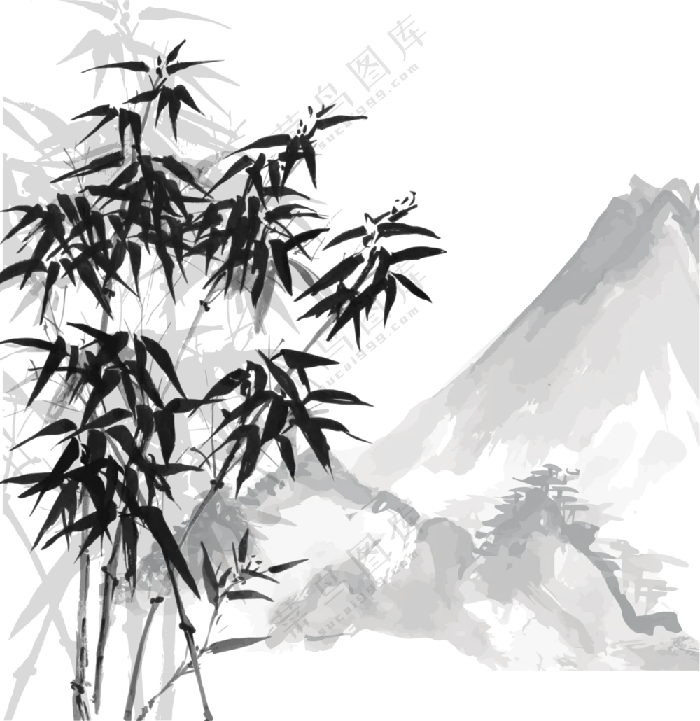 水墨中国风竹子与大山免抠图片素材