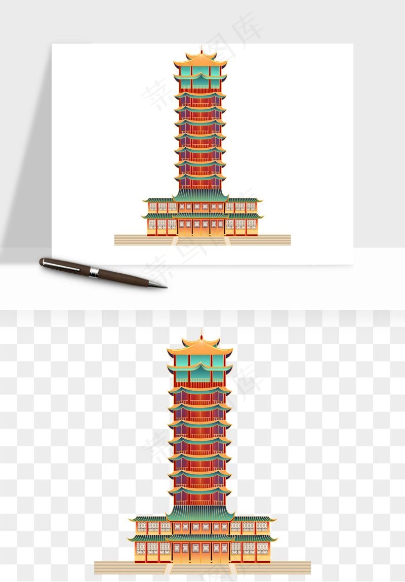 国潮风古建筑古楼古塔鼓楼psd,png免抠图