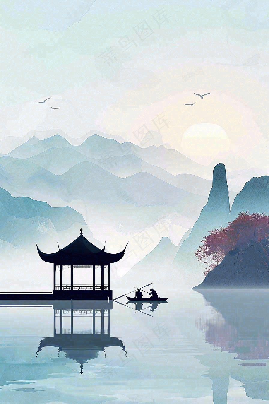 中国风山水凉亭霜降插画背景