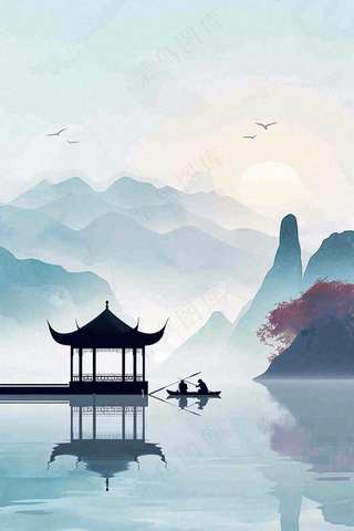 中国风山水凉亭霜降插画背景