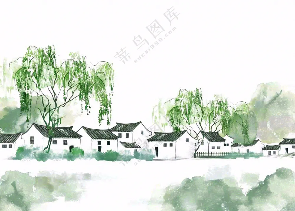 江南水乡水墨画村落柳树插画免抠