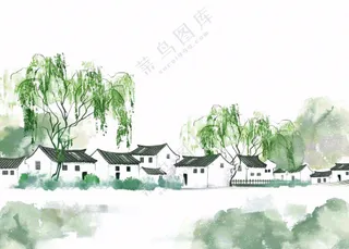 江南水乡水墨画村落柳树插画免抠