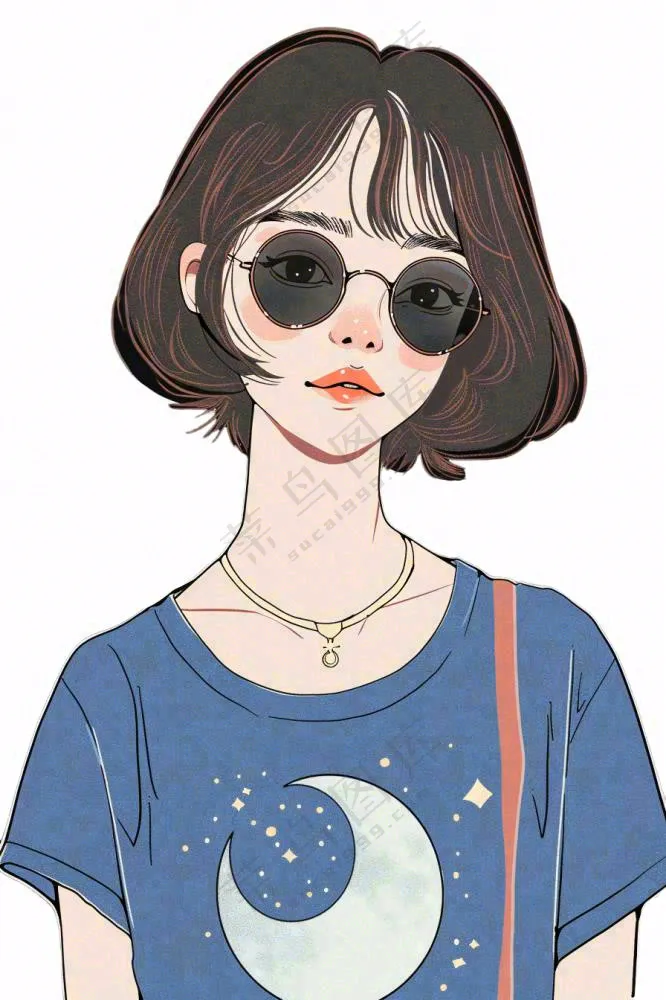 蓝色衣服的少女女生人物卡通插画免抠