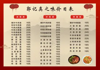 菜单价目表
