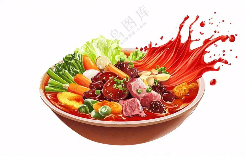 麻辣烫火锅海鲜肉类时蔬插画免抠
