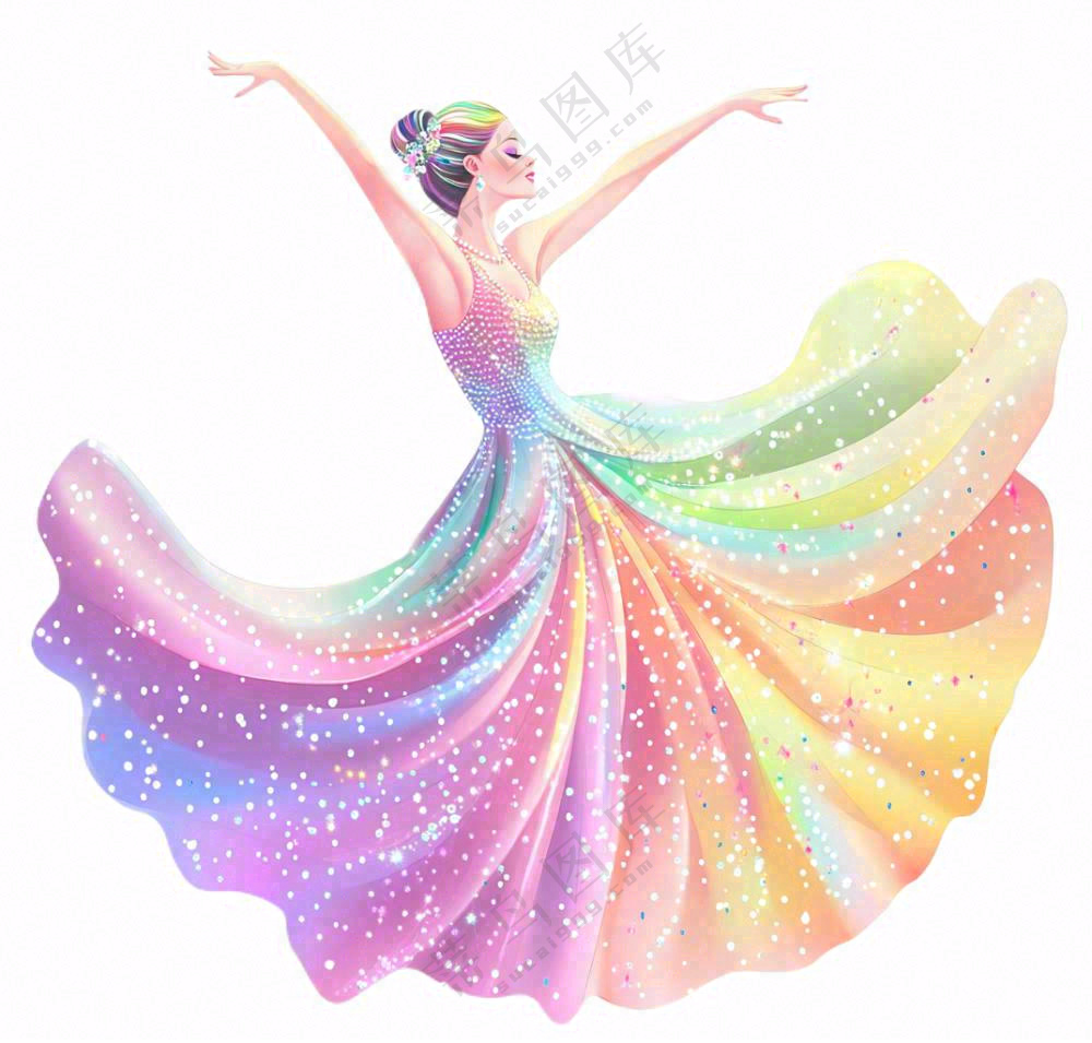 彩色裙子跳舞的少女美丽卡通插画免抠