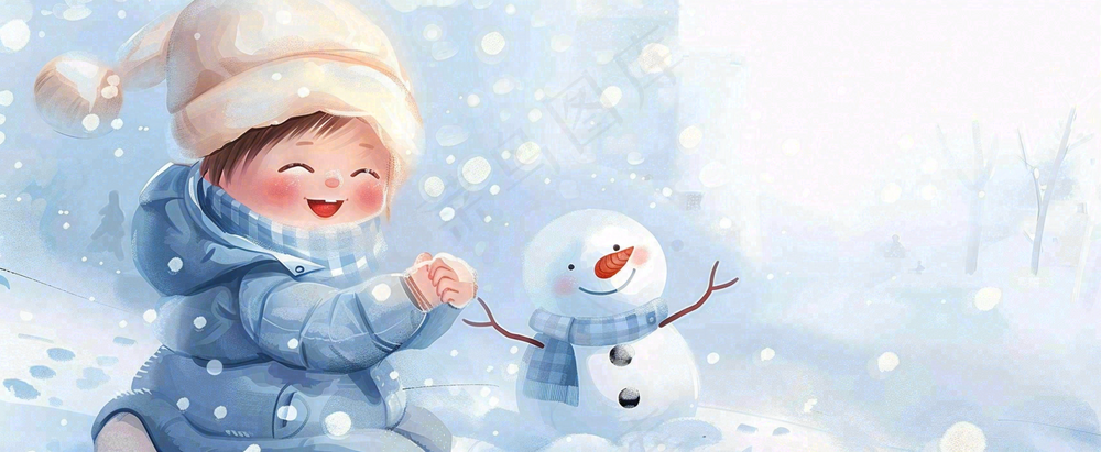 冬季雪地里玩耍的男孩堆雪人可爱卡通插画小雪大雪小寒大寒背景