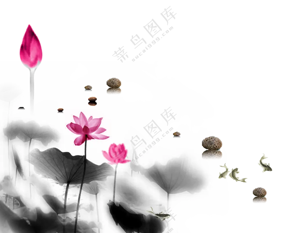 石头游鱼与水墨荷花等免抠图片素材