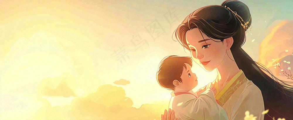 母亲节妈妈亲情抱着孩子鲜花光辉插画背景