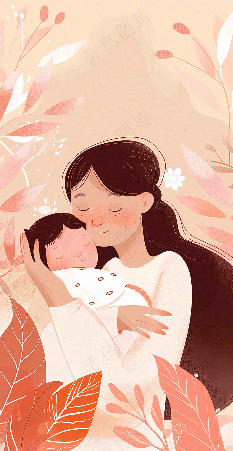 母亲节妈妈亲情抱着孩子鲜花光辉插画背景