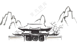 水墨线条勾勒的高山与庙宇PNG图片