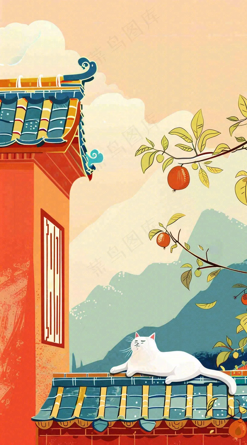 秋天红色宫墙上的白猫柿子树国风插画立秋秋分背景