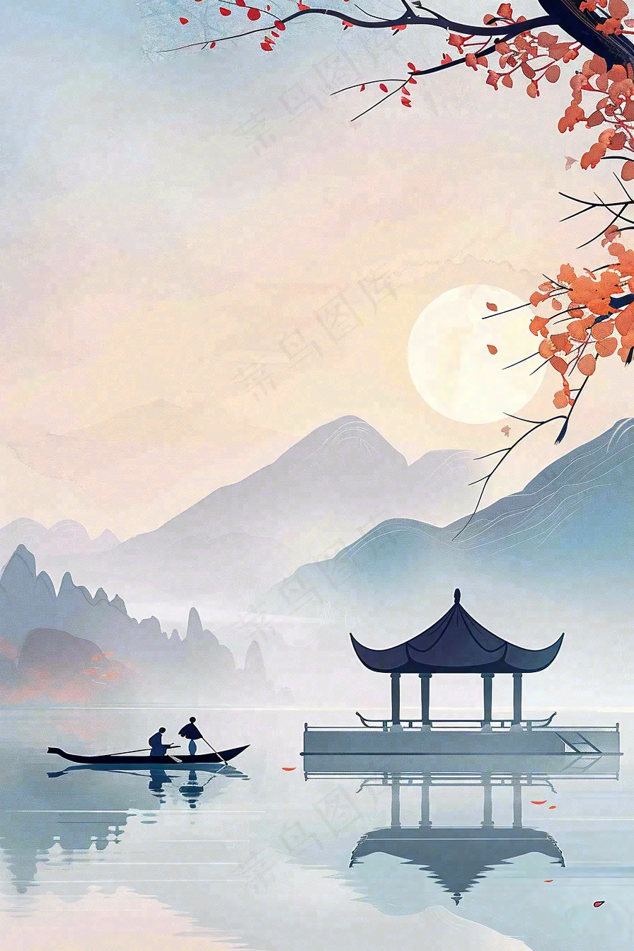 中国风山水凉亭霜降插画背景