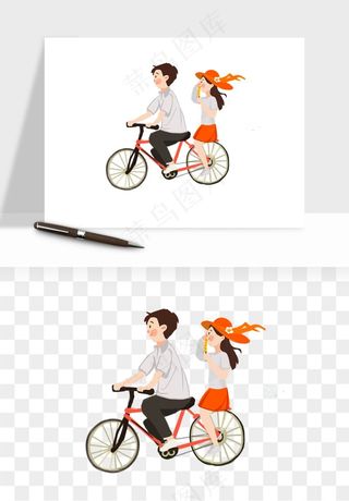 手绘自行车情侣人物png免抠