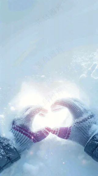 冬季寒冷雪地玩雪手套爱心手势大雪小雪小寒浪漫情人节摄影图背景