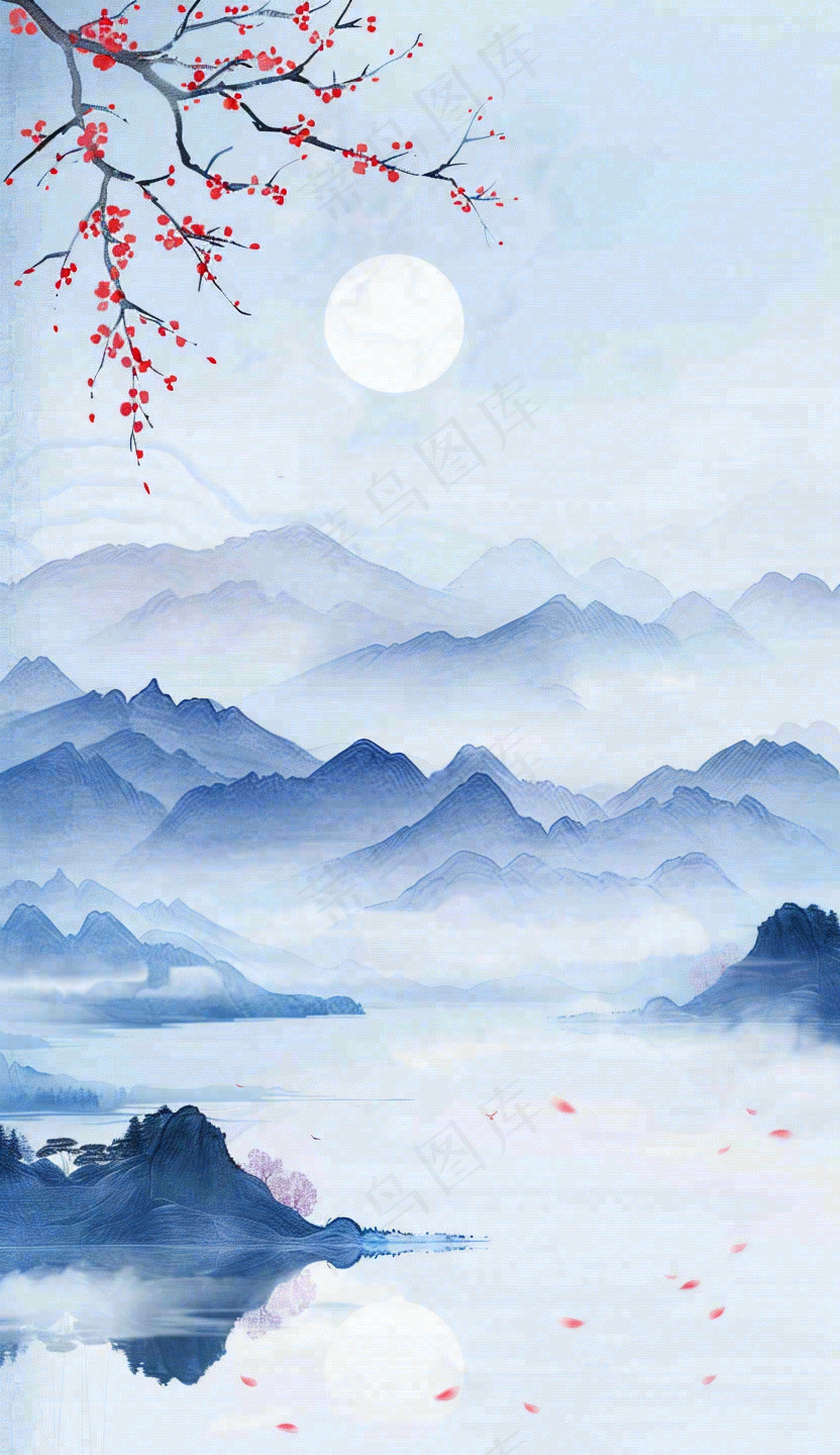 中国风山水秋冬柿子树霜降插画背景