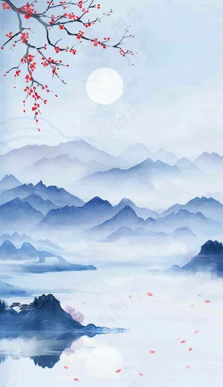 中国风山水秋冬柿子树霜降插画背景